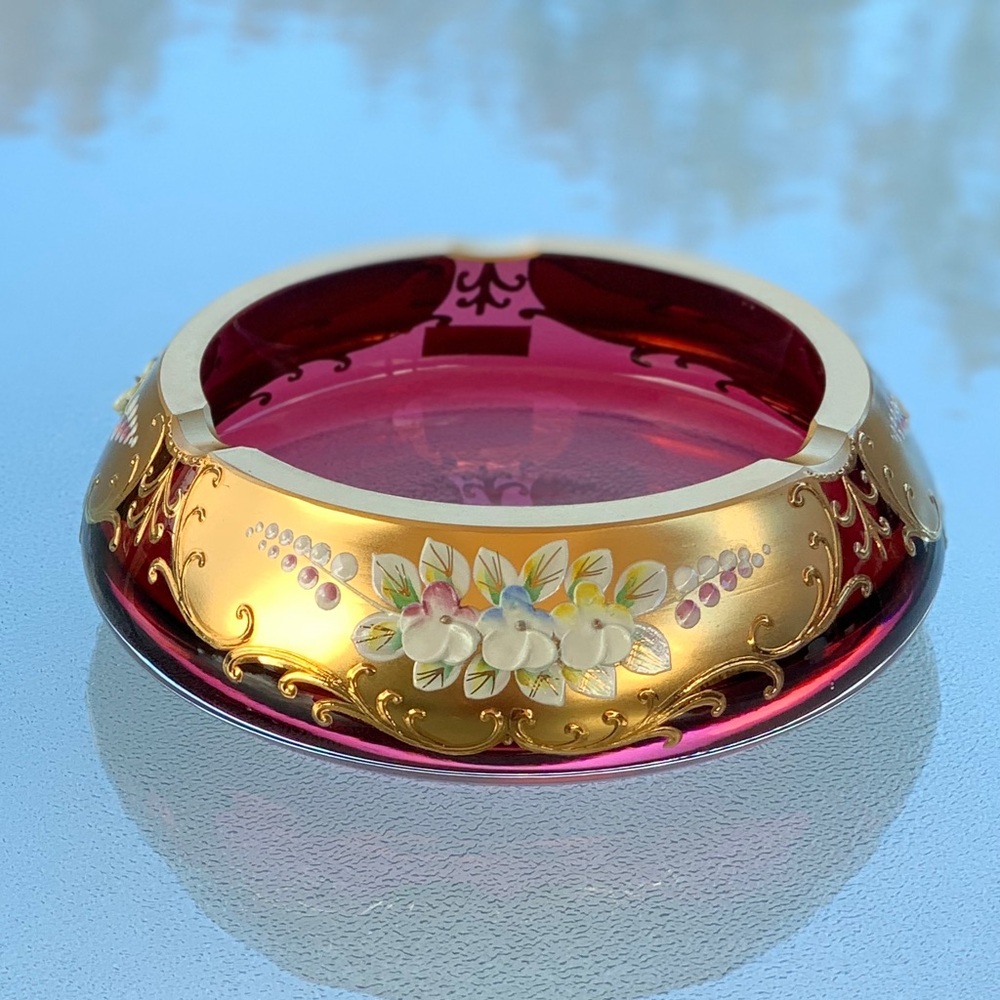 Czechoslovakian Bohemia Ruby Red and Gold Glass Ashtray